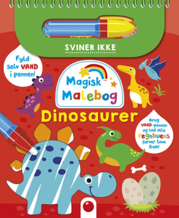 Forside af "Magisk Malebog Dinosaurer" med farverige dinosaurer og en vandpen.