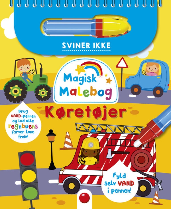 Malebog med vandpen, køretøjer som brandbil og traktor, designet til børn.