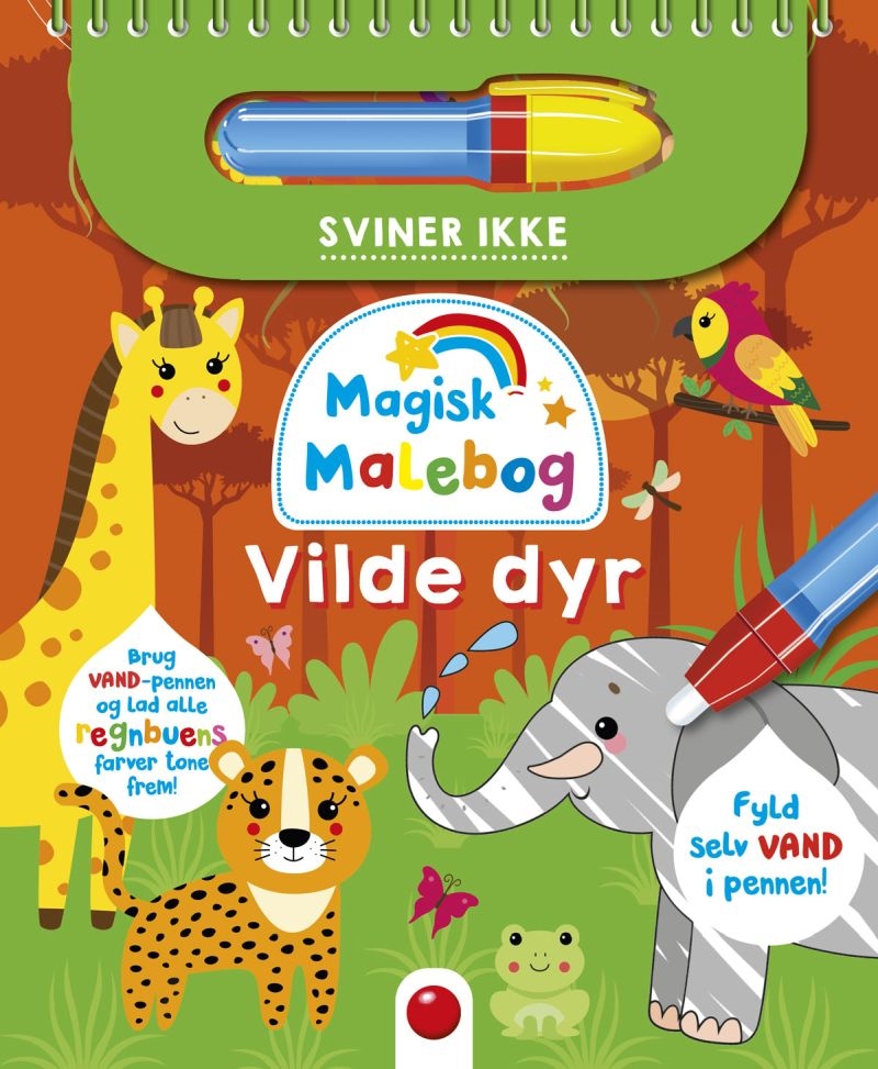 Forsiden viser en giraf, en leopard, en elefant og en farvestrålende fugl med teksten "Magisk Malebog - Vilde dyr".