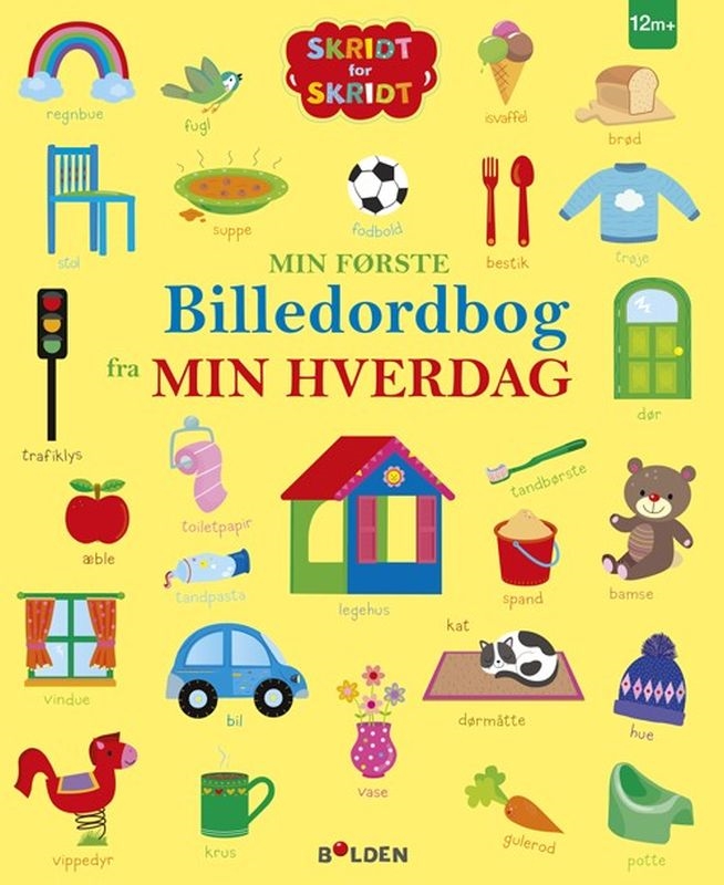 Farverig børnebog med hverdagsting, danske labels, anbefalet fra 12 måneder.