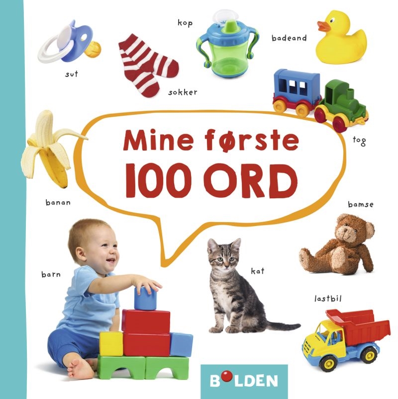 Forside af børnebog med titlen "Mine første 100 ord". Viser billeder af baby, kat, bamse, og legetøj.