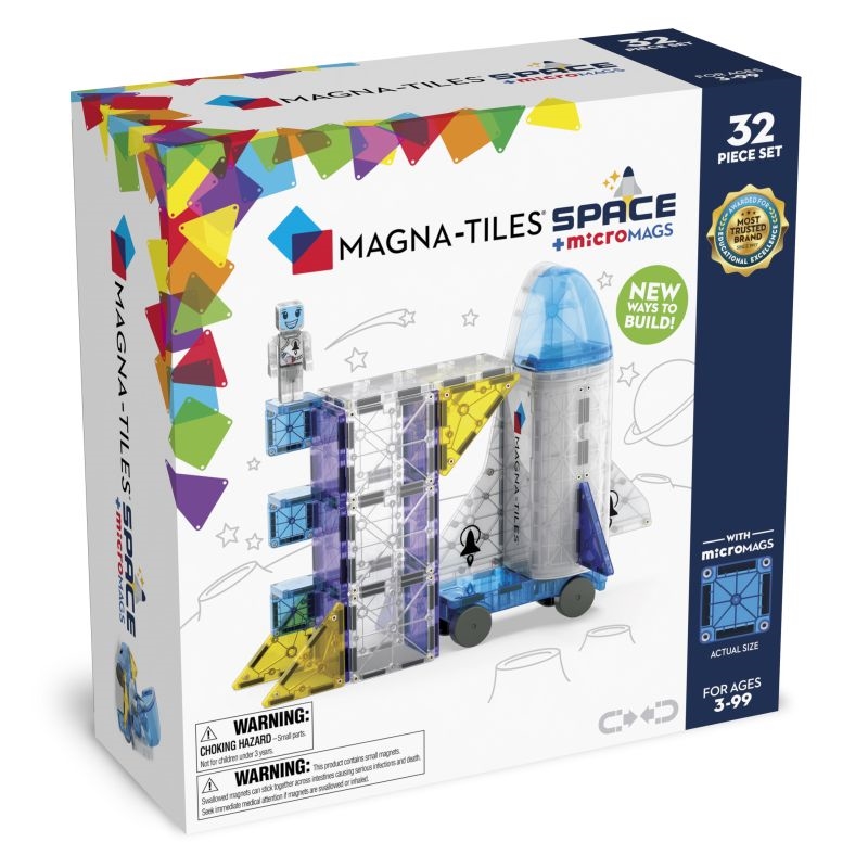 Magna-Tiles rumraket sæt, 32 dele, farverige fliser, rumdesign, egnet fra 3 år, advarsel om små dele.