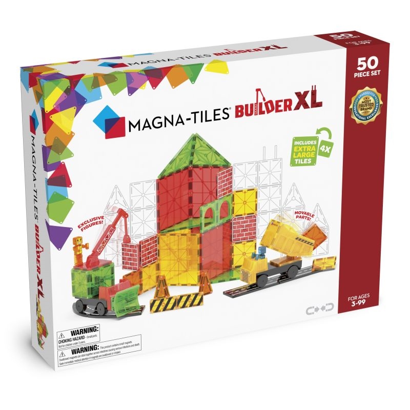 Emballage for Magna-Tiles Builder XL, viser farverige, gennemsigtige fliser i en konstruktion.