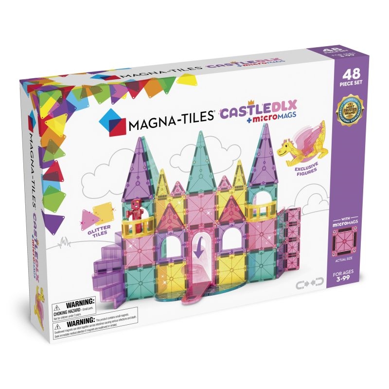 Magna-Tiles Castle DLX sæt med 48 dele, farverige former, glimmerfliser og eksklusive figurer.