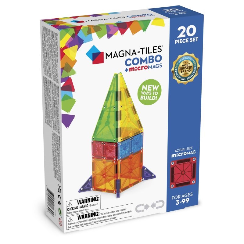 Emballage med farverige Magna-Tiles, 20 dele. Velegnet til alle fra 3-99 år.